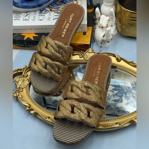 🆕 KURT GEIGER LONDON 🧿 NWOB Crystal Chain Flat Sandal, Gold - Sz EU37 US 7 - Picture 10 of 15